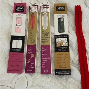 5 zippers. 3 7 inch, 2 11 inch. New. Pink, orange, white, olive green, red.